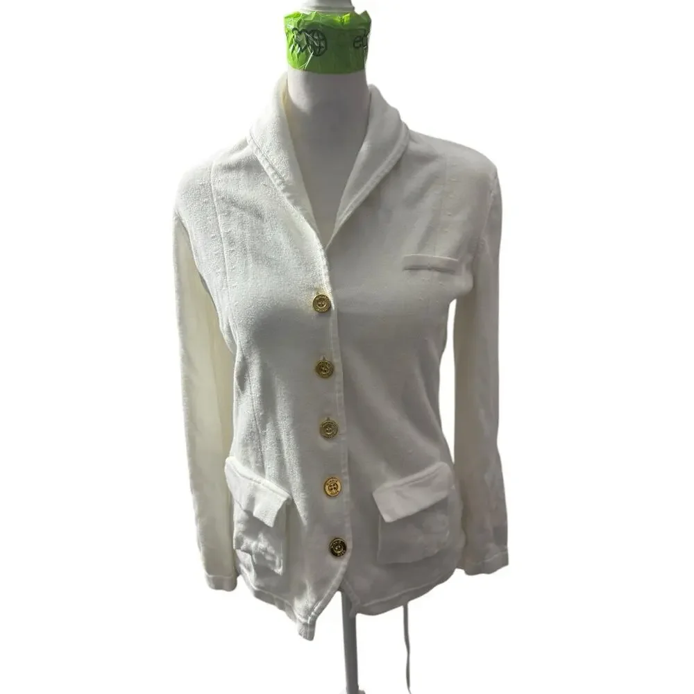 Mini Rose Women’s White Blazer Jacket S Cotton Nylon Spandex Gold Buttons - Picture 2 of 12